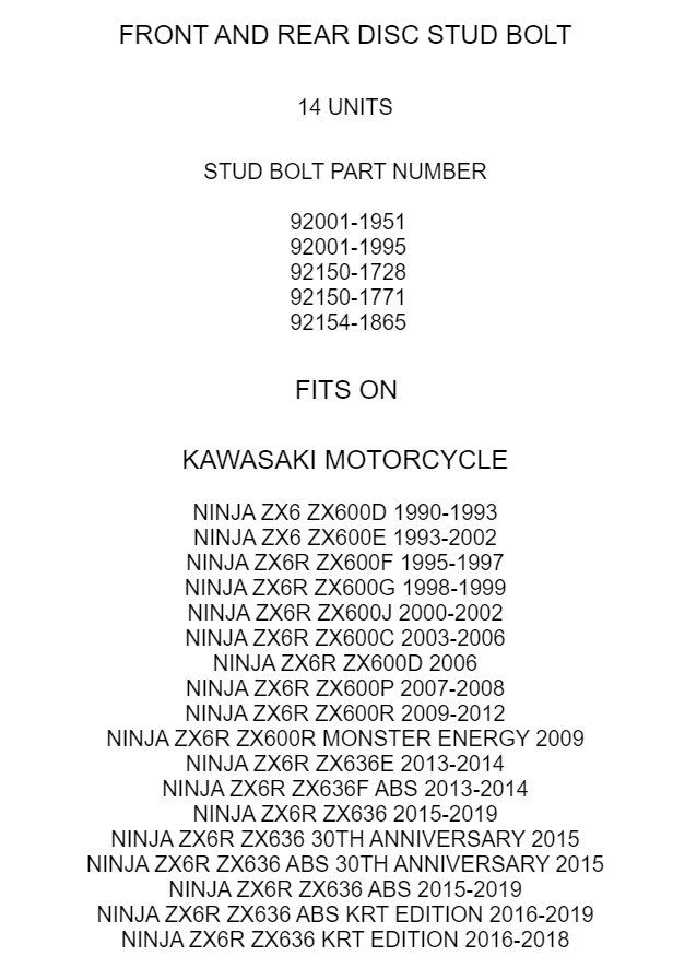 Front Rear Disc Stud Bolt Replacement for Kawasaki Ninja ZX6 ZX6R (1990–2018)