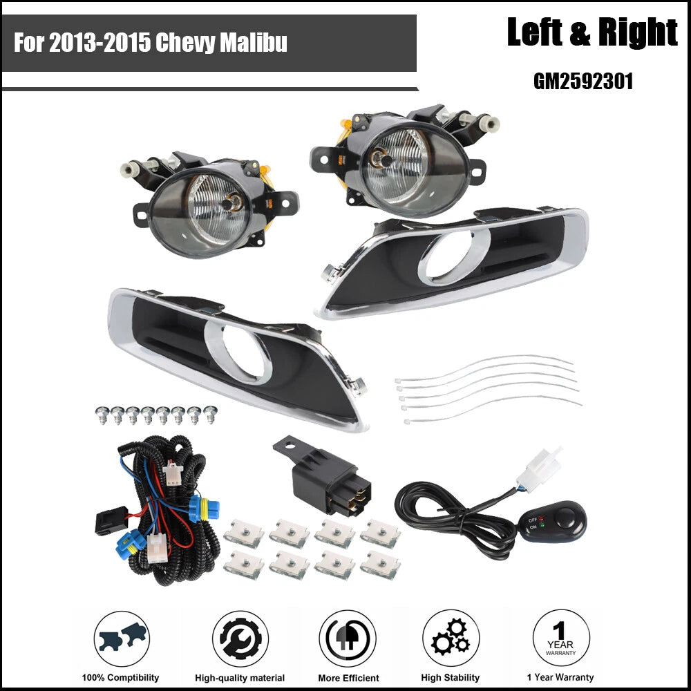 Clear Front Bumper Fog Lights Lamps + Switch + Wiring Kit for Chevy Malibu (2013–2015)