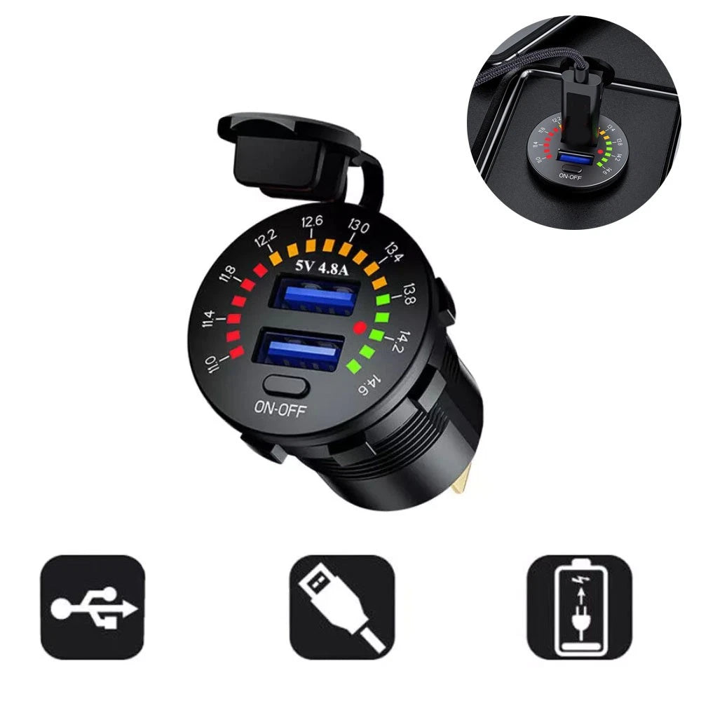 Dual USB Fast Charger with LED Voltmeter for Boat SUV ATV (4.8A)