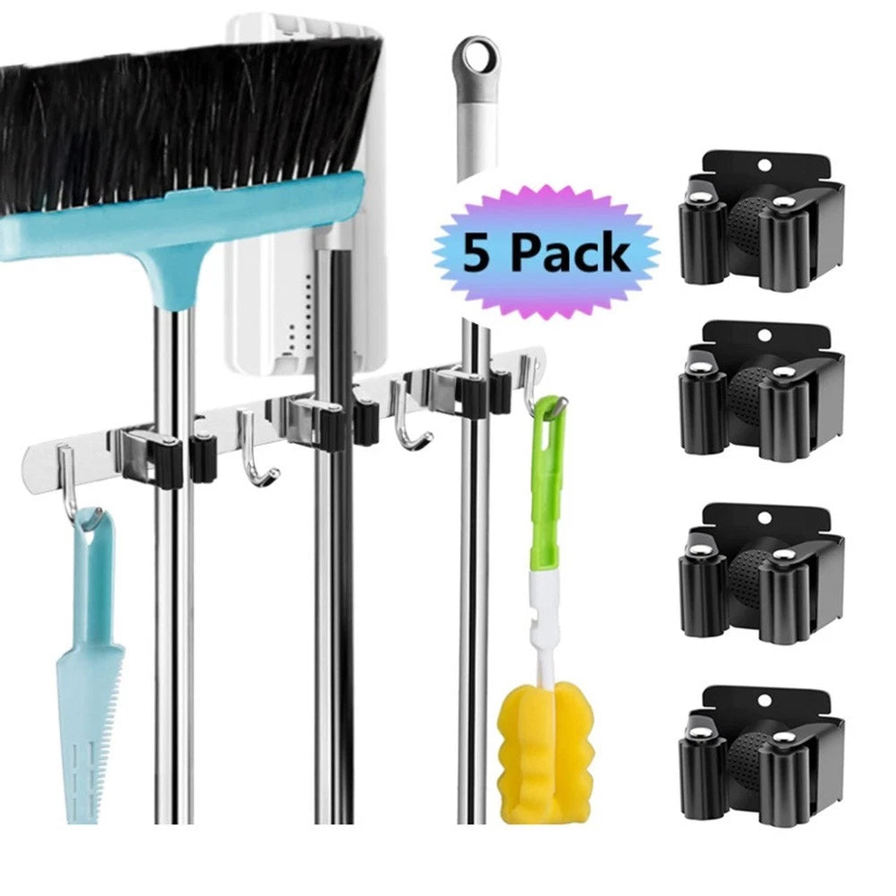 Compact Wall Broom Mop Holder with Hooks Stainless Steel Tool Organizer Rack