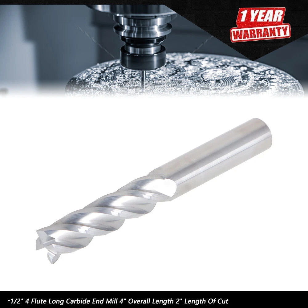 1/2" 4 Flute Carbide End Mill for Various Applications (4" Overall Length)
