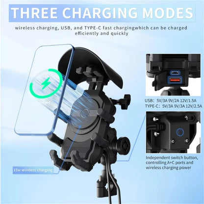 15W Fast Wireless Charger for Universal Motorcycle Phone Holder (Shockproof)