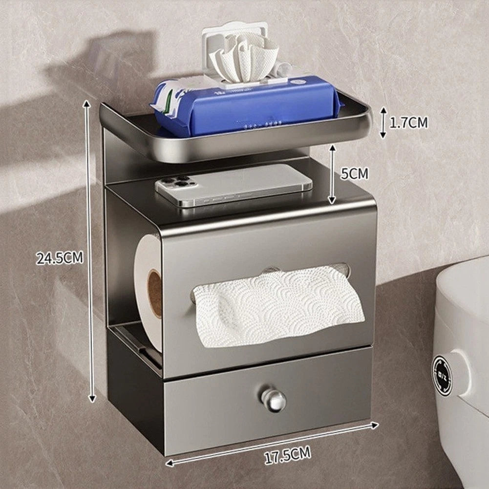 Space Saving Wall Mounted Tissue Box Shelf - Black Steel (24.5x19.2cm)