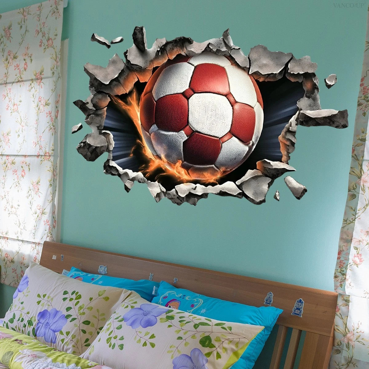 3D Soccer Ball Wall Decal with Realistic Concrete Crack (34.18 x 21.53 in)