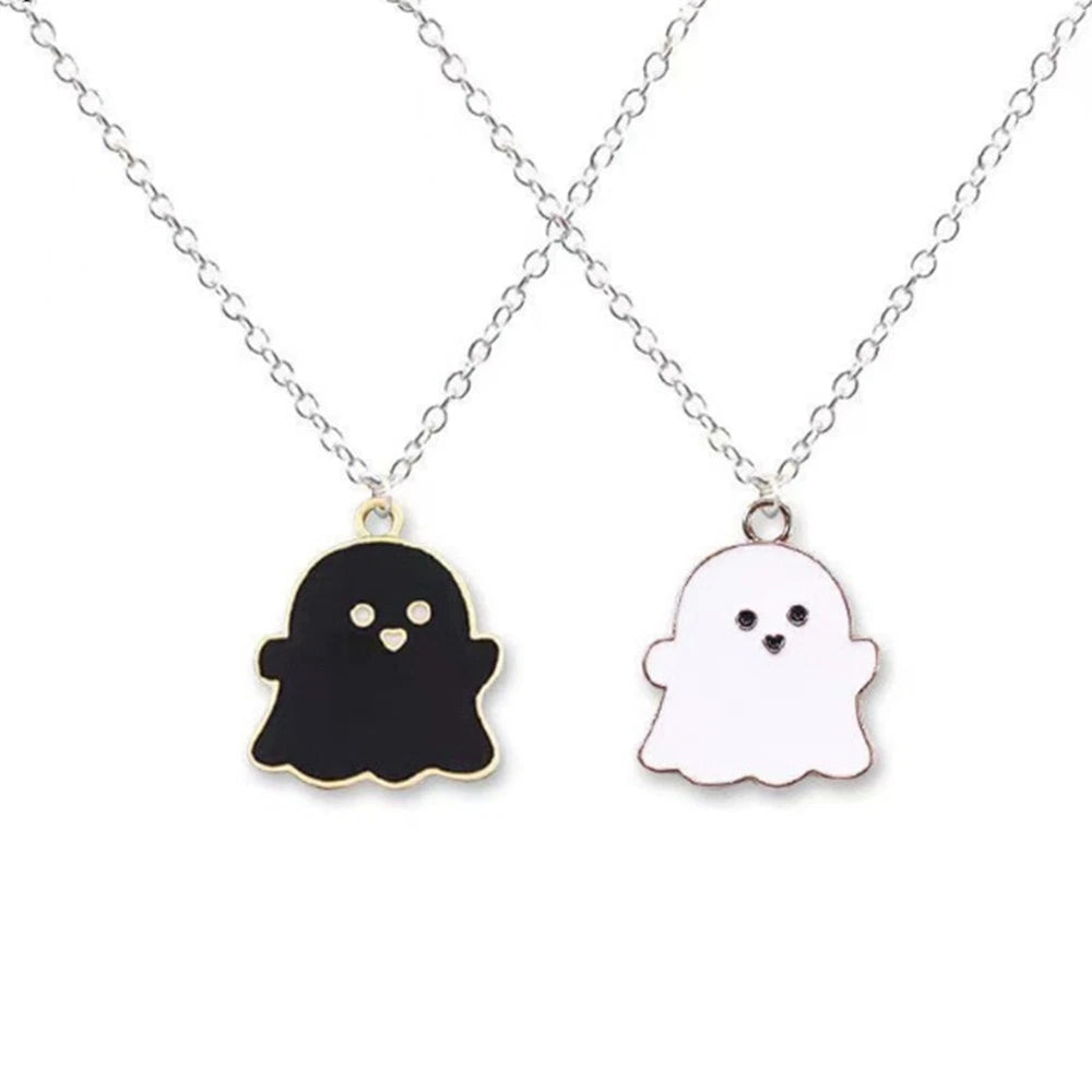 2pcs Couple Cute Black and White Ghost Pendant Necklaces for Women Men