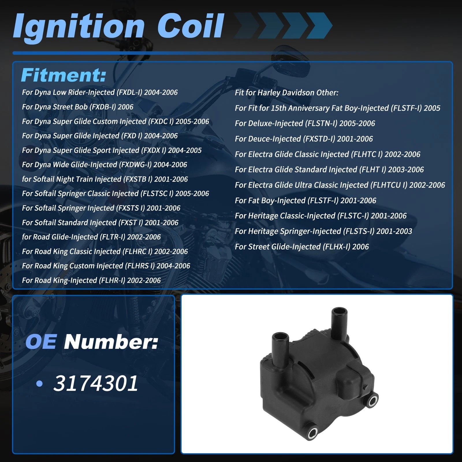 Ignition Coil for Harley Davidson Dyna Softail Electra Glide Touring (2001–2006)