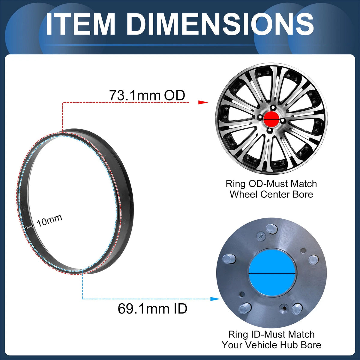 4X Wheel Hub Centric Rings for Car (73.1mm to 69.1mm) Black Polycarbonate