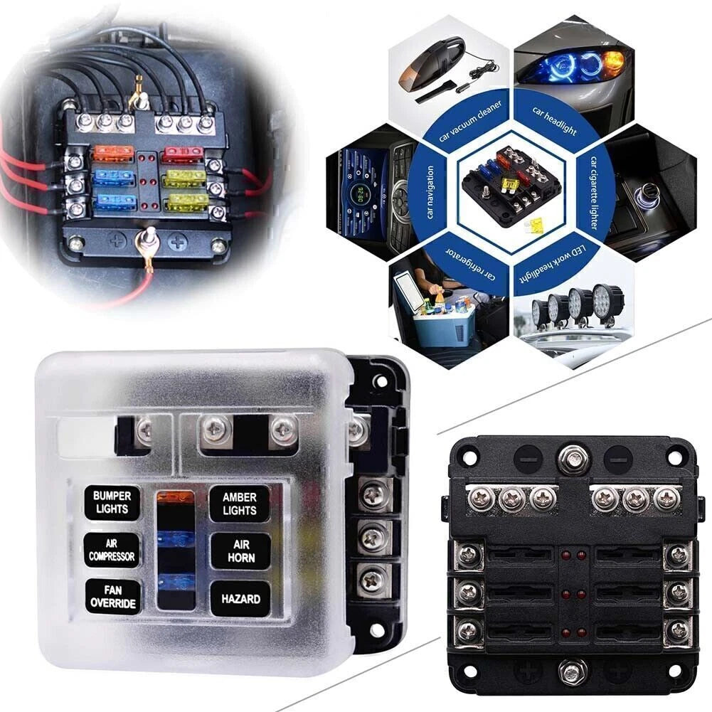 6-Way Blade Fuse Box with LED Indicator for Car Marine Bus RVs Boat