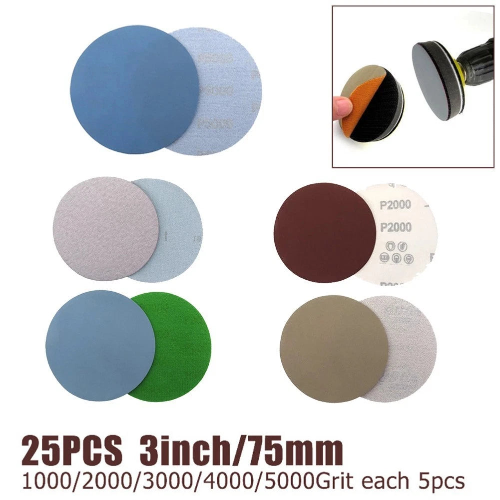 25X 75mm Hook & Loop Sanding Discs for Orbital Sander (1000-5000 Grit)
