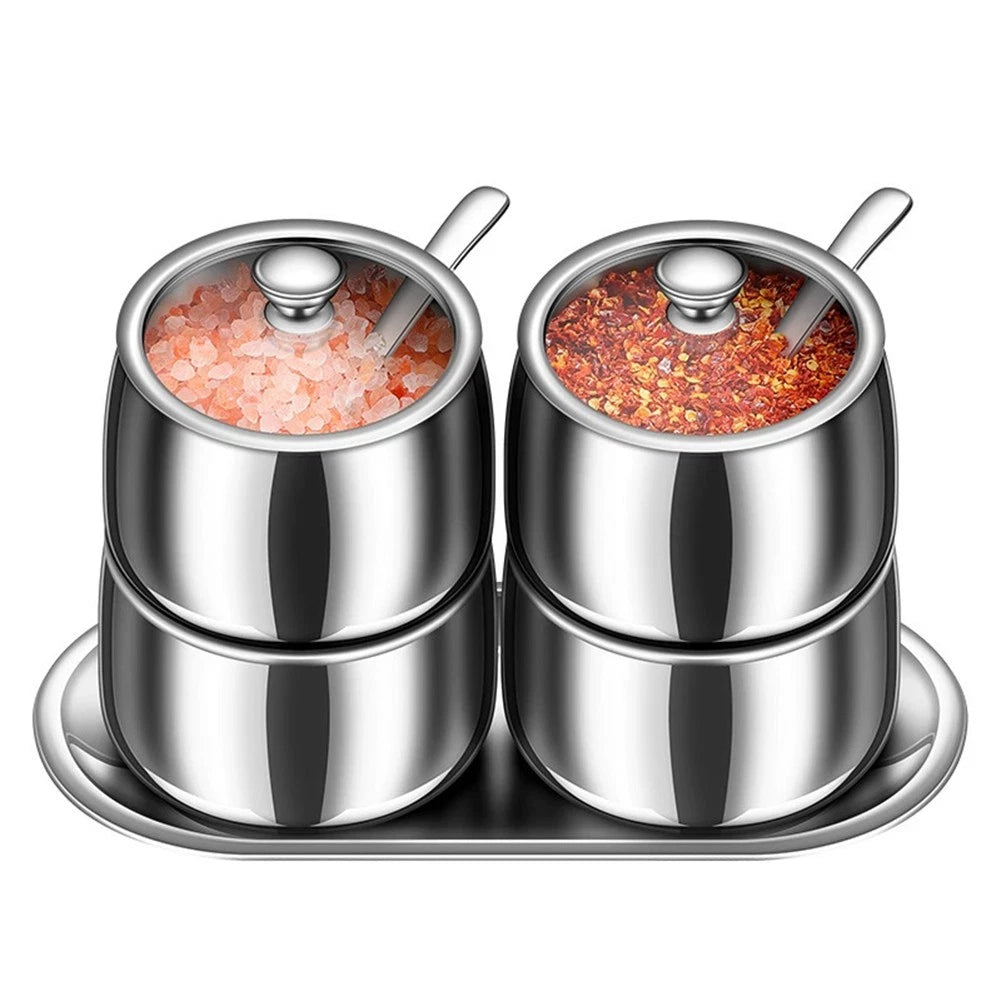 4 Piece Stainless Steel Spice Jar Set with Lids and Tray