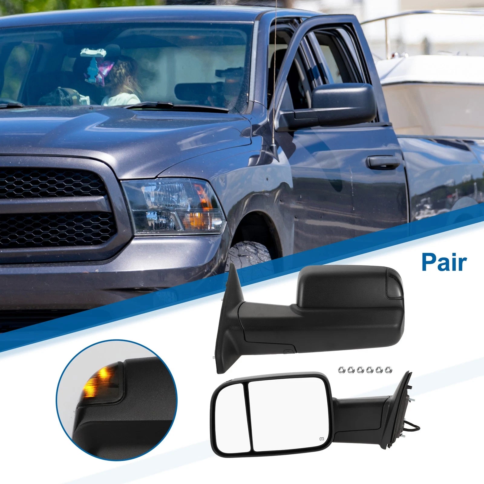 Tow Mirror Set Right Left for Dodge Ram 1500 (2009–2012) Turn Signal